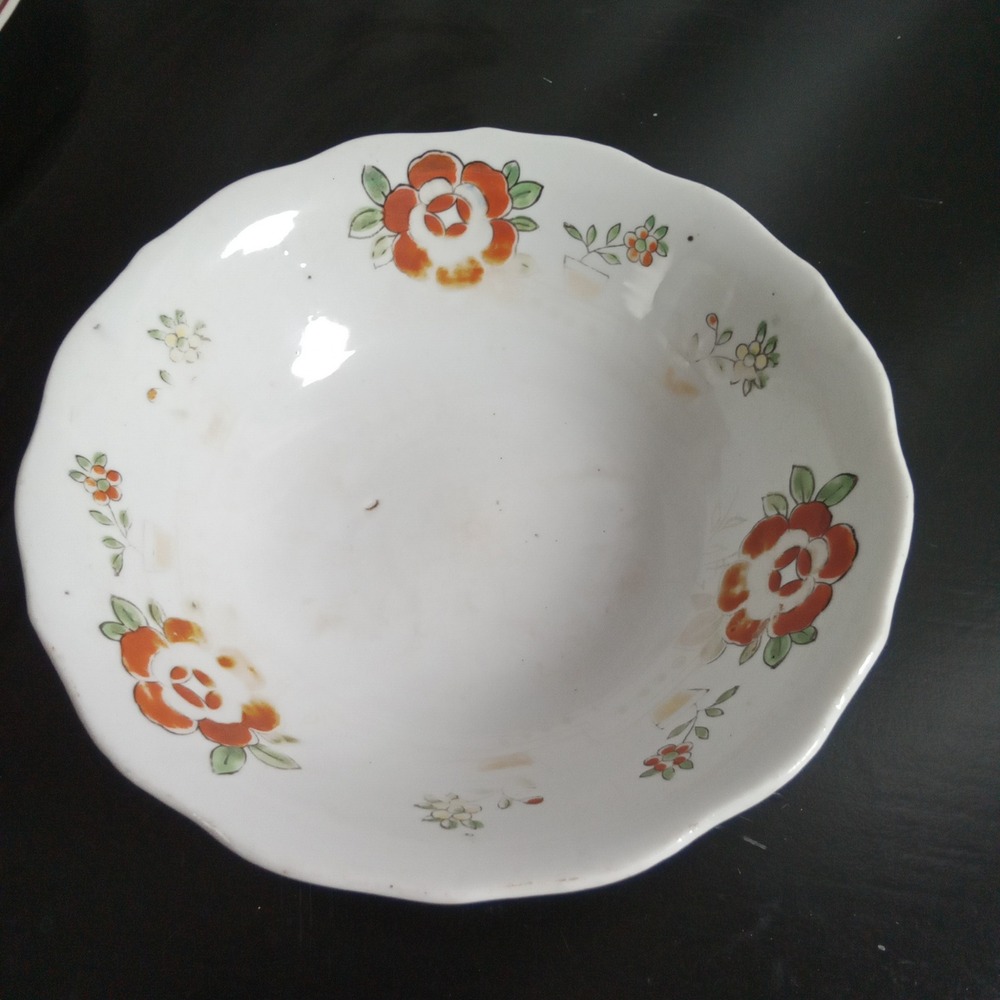 Vintage Made in Japan Porcelain Scalloped Floral Bowl Orange Green White 7.5in